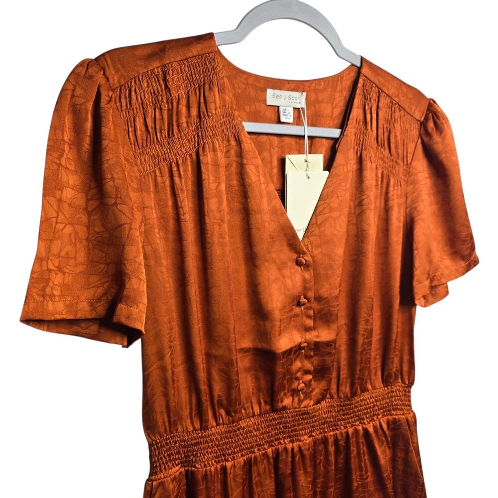 Anthropologie See U Soon Mini Dress Women's M Rust Jacquard Smocked Waist NWT